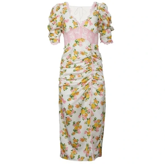 Women’s Xs Floral Dress For Love and Lemons Emma Midi Dress Silk w pink lace - Picture 3 of 8